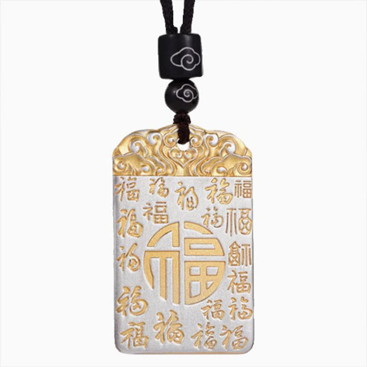 Buddha Stones Silver Plated Copper Fu Character Auspicious Clouds Luck Fortune Rope Necklace Pendant - image 5