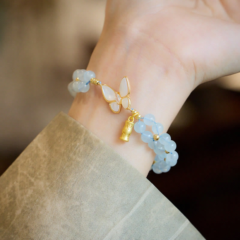 Buddha Stones Natural Aquamarine Amethyst Moonstone Butterfly Bamboo Healing Bracelet - image 2