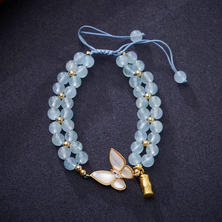 Buddha Stones Natural Aquamarine Amethyst Moonstone Butterfly Bamboo Healing Bracelet - Aquamarine(Wrist Circumference: About 14-16cm) - image 0