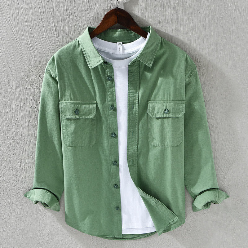 Buddha Stones Men's Long Sleeve Turn-down Collar With Pocket Pure Color Casual Cotton Shirt - MediumSeaGreen - US/UK/AU46,EU56 (5XL) - image 9