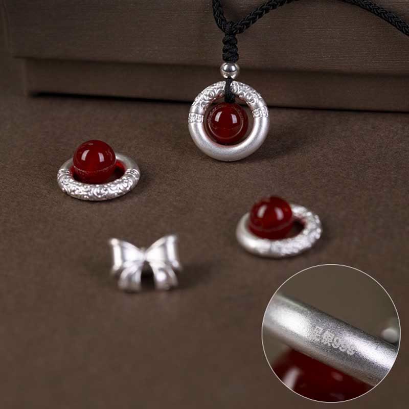 Buddha Stones 999 Sterling Silver Red Agate Peace Buckle Blessing Necklace Pendant - image 6