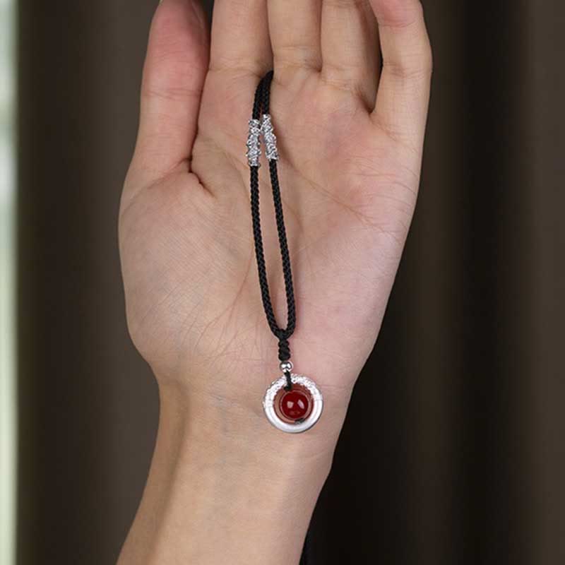 Buddha Stones 999 Sterling Silver Red Agate Peace Buckle Blessing Necklace Pendant - image 5
