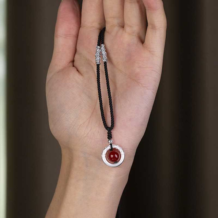 Buddha Stones 999 Sterling Silver Red Agate Peace Buckle Blessing Necklace Pendant - image 5