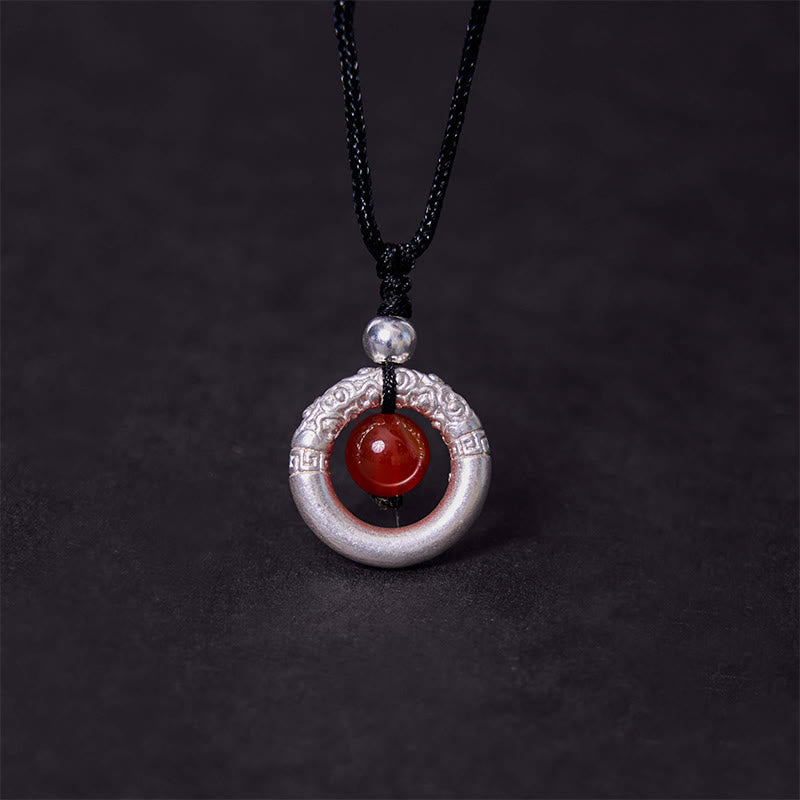 Buddha Stones 999 Sterling Silver Red Agate Peace Buckle Blessing Necklace Pendant - image 3