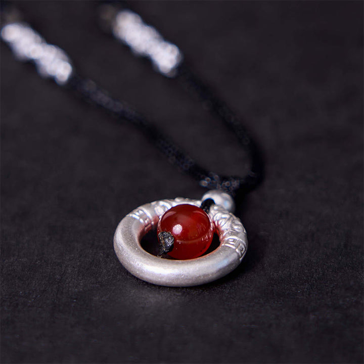 Buddha Stones 999 Sterling Silver Red Agate Peace Buckle Blessing Necklace Pendant - image 2