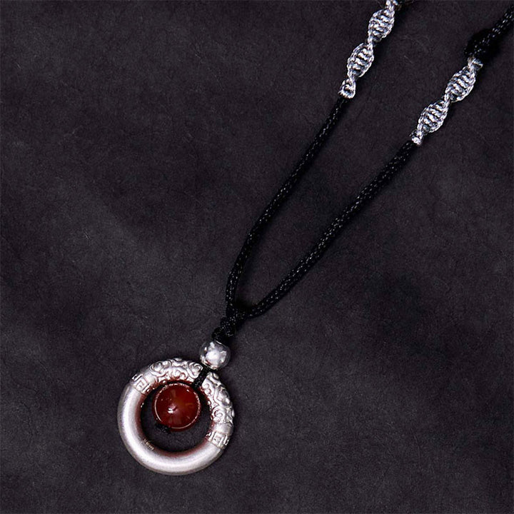 Buddha Stones 999 Sterling Silver Red Agate Peace Buckle Blessing Necklace Pendant - image 1