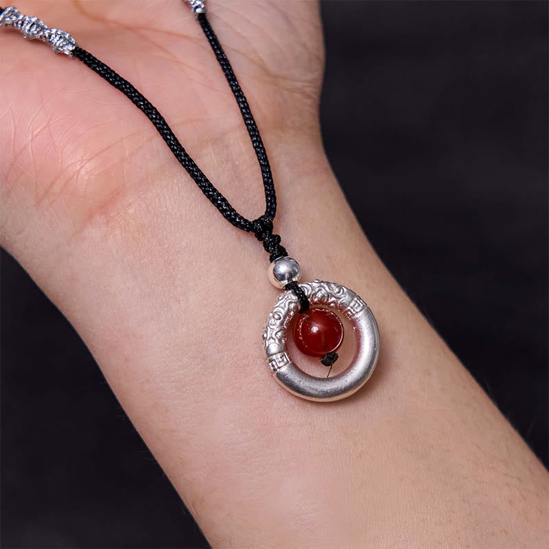 Buddha Stones 999 Sterling Silver Red Agate Peace Buckle Blessing Necklace Pendant - image 9