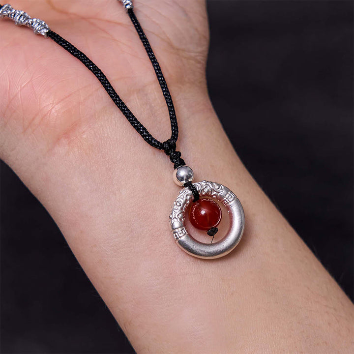 Buddha Stones 999 Sterling Silver Red Agate Peace Buckle Blessing Necklace Pendant - image 9