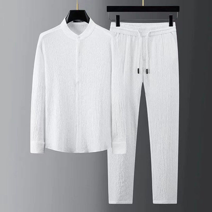 Buddha Stones Pure Color Long Sleeve Top Pants Clothing Men's Set - White - US/UK/AU44,EU54 (4XL) - image 4