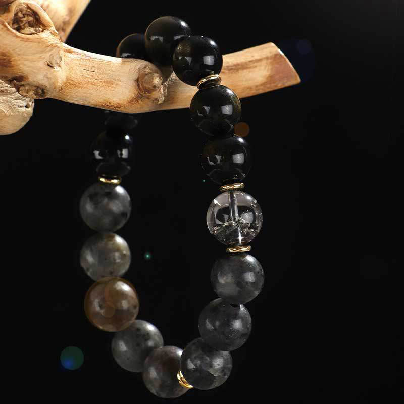 Buddha Stones 925 Sterling Silver Black Onyx Gold Sheen Obsidian Lava Rock Tiger Eye Six True Words Wealth Protection Bracelet - image 2
