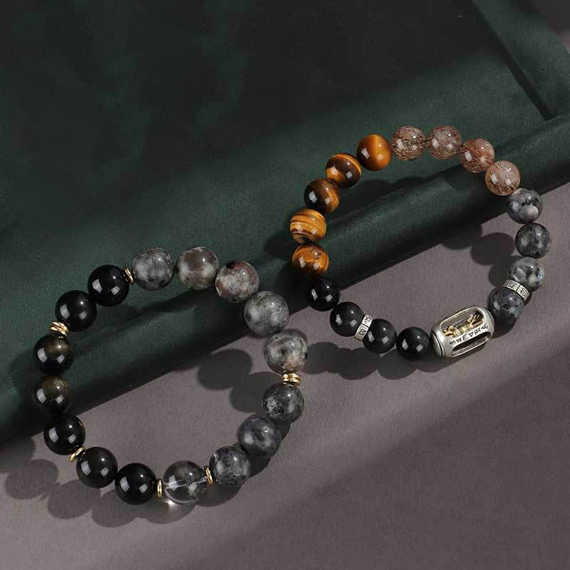Buddha Stones 925 Sterling Silver Black Onyx Gold Sheen Obsidian Lava Rock Tiger Eye Six True Words Wealth Protection Bracelet - image 5