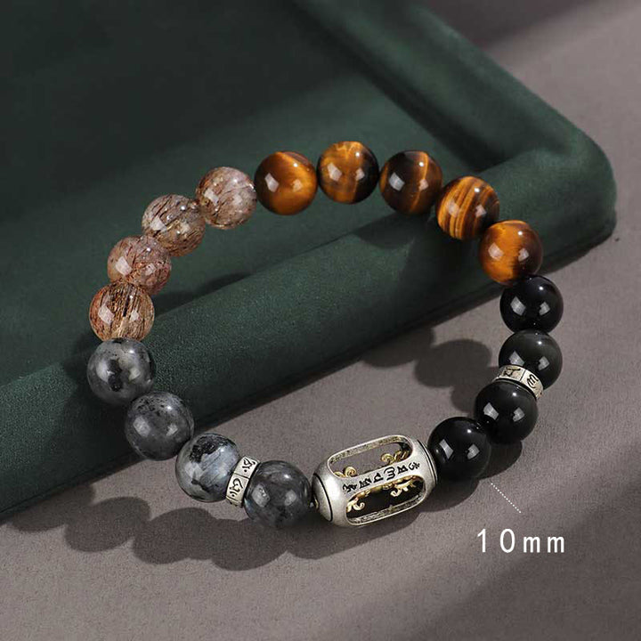 Buddha Stones 925 Sterling Silver Black Onyx Gold Sheen Obsidian Lava Rock Tiger Eye Six True Words Wealth Protection Bracelet - Six True Words (Wrist Circumference 14-16cm) - image 0