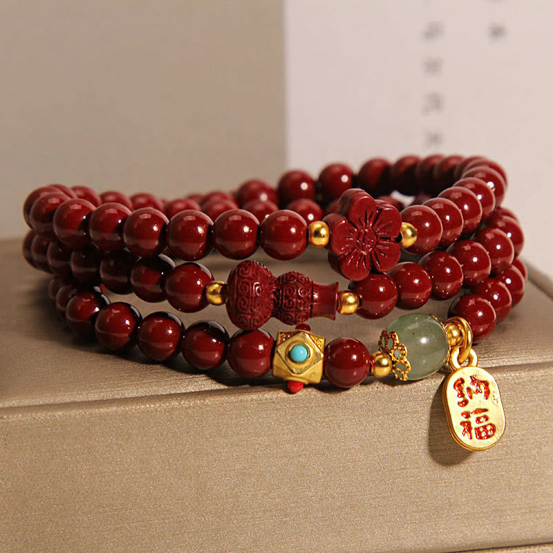Buddha Stones Cinnabar Fu Character Flower Gourd Triple Wrap Blessing Bracelet - image 1