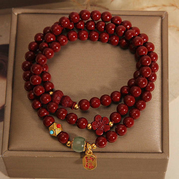 Buddha Stones Cinnabar Fu Character Flower Gourd Triple Wrap Blessing Bracelet - image 2