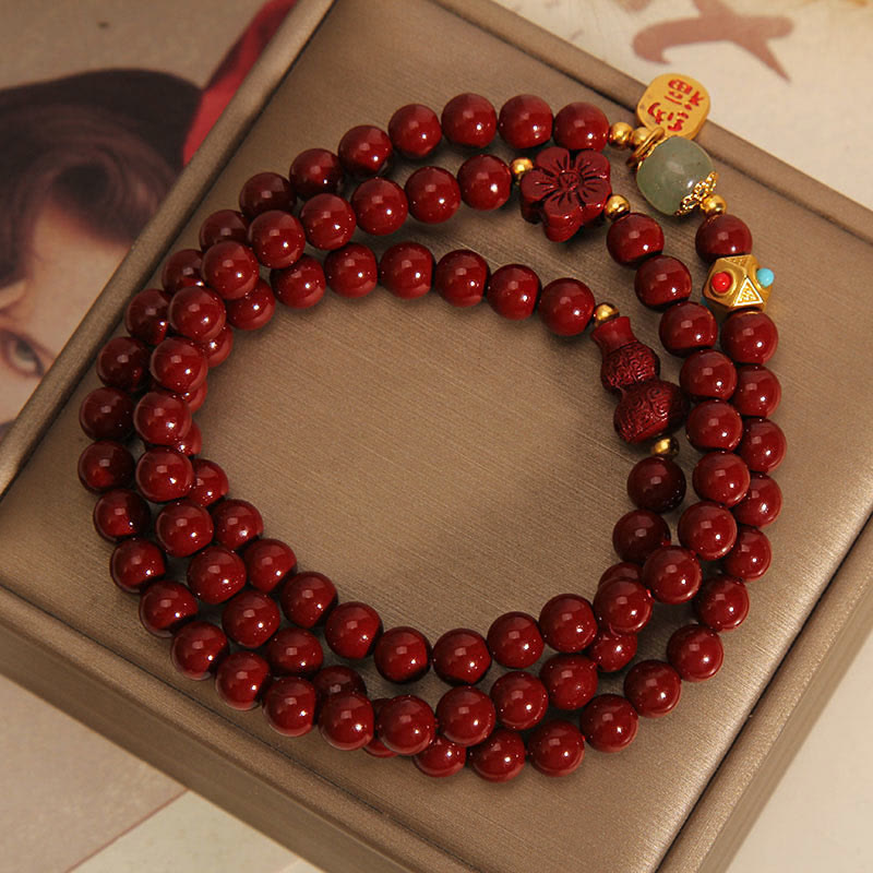 Buddha Stones Cinnabar Fu Character Flower Gourd Triple Wrap Blessing Bracelet - image 3