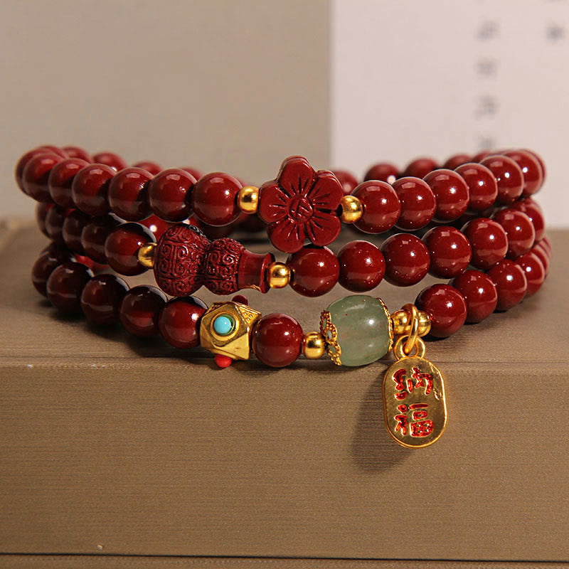 Buddha Stones Cinnabar Fu Character Flower Gourd Triple Wrap Blessing Bracelet - Cinnabar(Wrist Circumference 16-18cm) - image 0