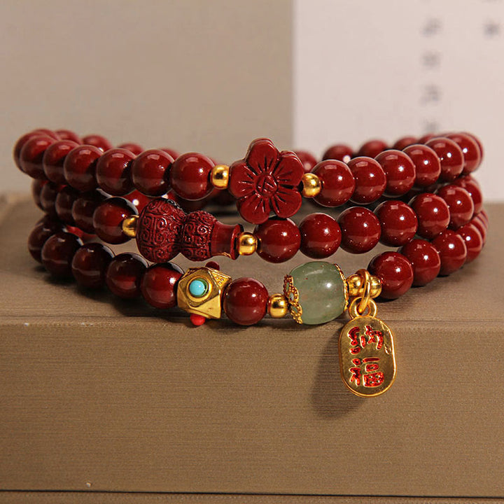 Buddha Stones Cinnabar Fu Character Flower Gourd Triple Wrap Blessing Bracelet - Cinnabar(Wrist Circumference 16-18cm) - image 0