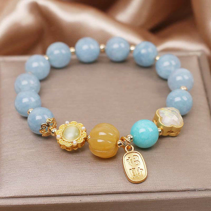 Buddha Stones Aquamarine Pumpkin Pearl Wealth Protection Bracelet - image 2