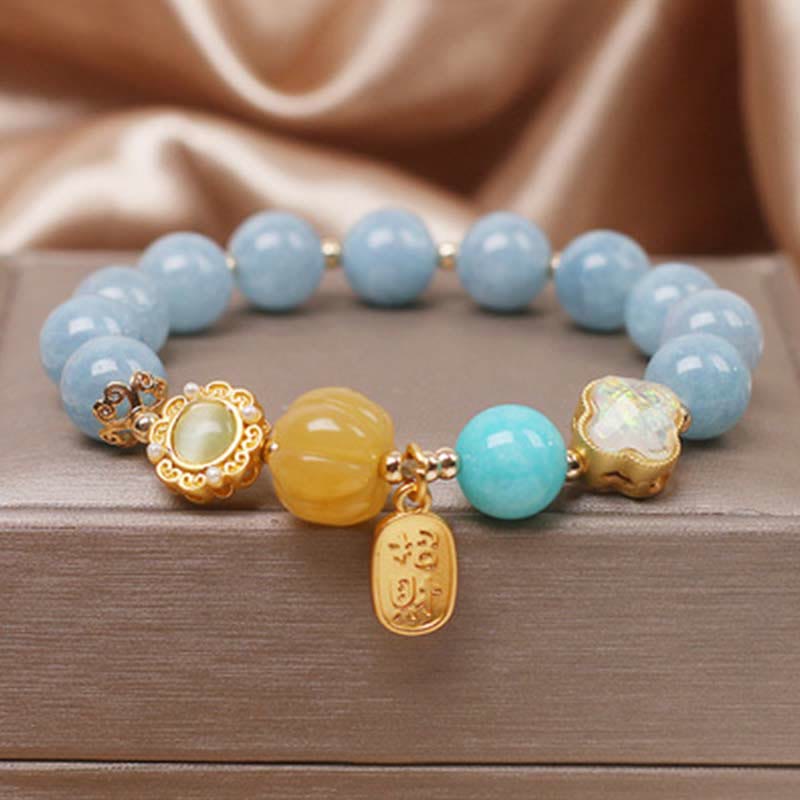 Buddha Stones Aquamarine Pumpkin Pearl Wealth Protection Bracelet - Aquamarine (Wrist Circumference 14-18cm) - image 0