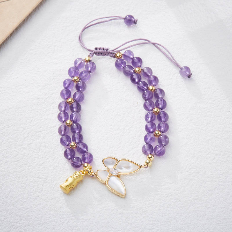 Buddha Stones Amethyst Butterfly Bamboo Balance Relieves Stress Braided String Bracelet - image 1