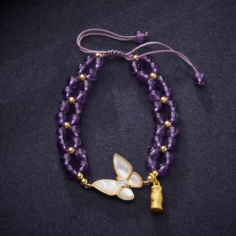 Buddha Stones Amethyst Butterfly Bamboo Balance Relieves Stress Braided String Bracelet - Amethyst(Wrist Circumference 14-23cm) - image 0