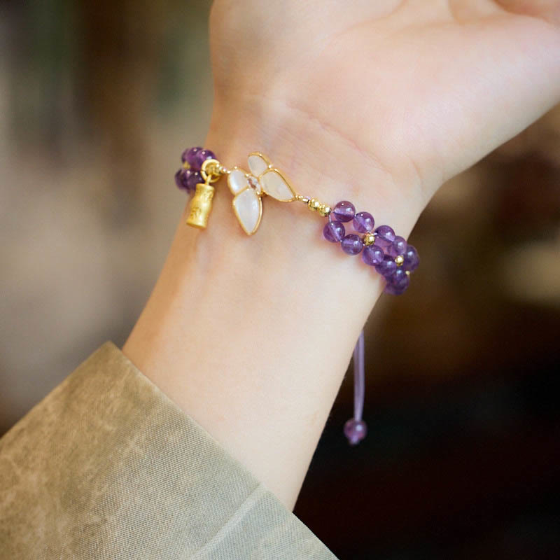 Buddha Stones Amethyst Butterfly Bamboo Balance Relieves Stress Braided String Bracelet - image 4