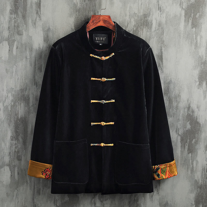 Buddha Stones Tang Suit Frog-button Round Neck Cotton Men's Jacket Shirt Clothing - Yellow Button - US/UK/AU42,EU52 (3XL) - image 0