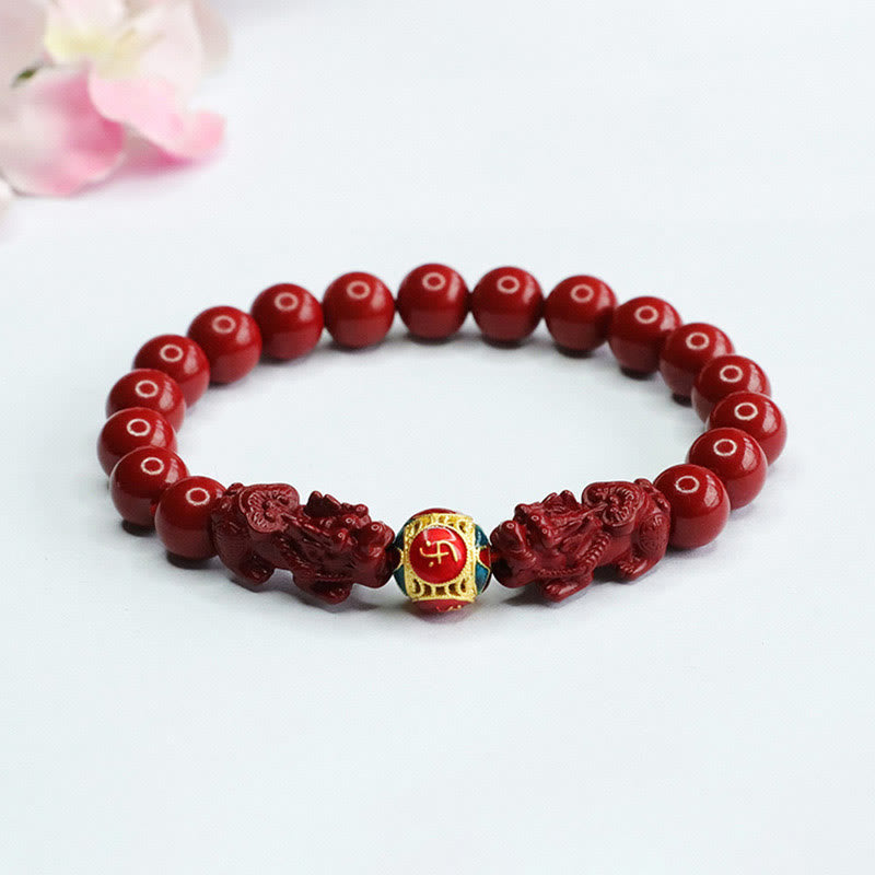Buddha Stones Cinnabar Double PIXIU Keep Away Evil Spirits Bracelet - Cinnabar Double PIXIU(Wrist Circumference: 14-16cm) - 8mm - image 0