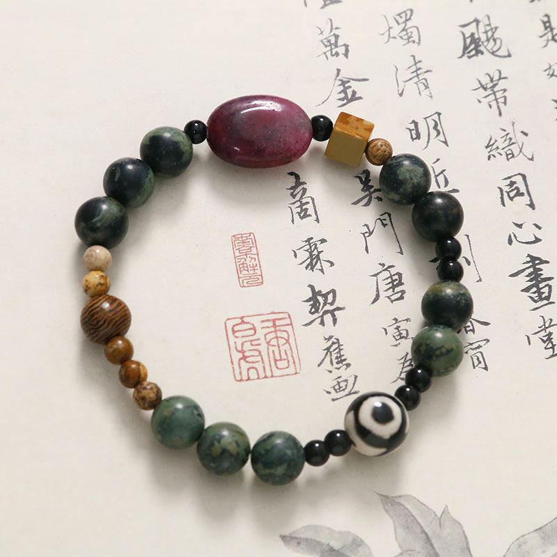 Buddha Stones Green Agate Three-eyed Dzi Bead Power Success Bracelet - image 2