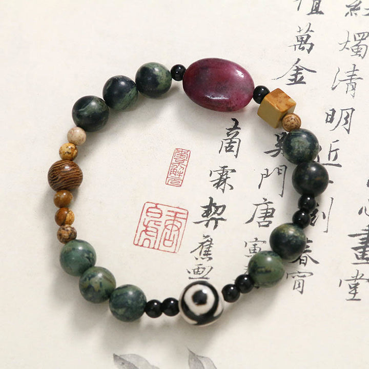 Buddha Stones Green Agate Three-eyed Dzi Bead Power Success Bracelet - image 1