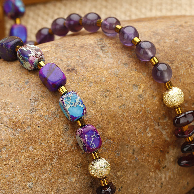 Buddha Stones Amethyst Garnet Emperor Stone Communication Triple Wrap Bracelet - image 1
