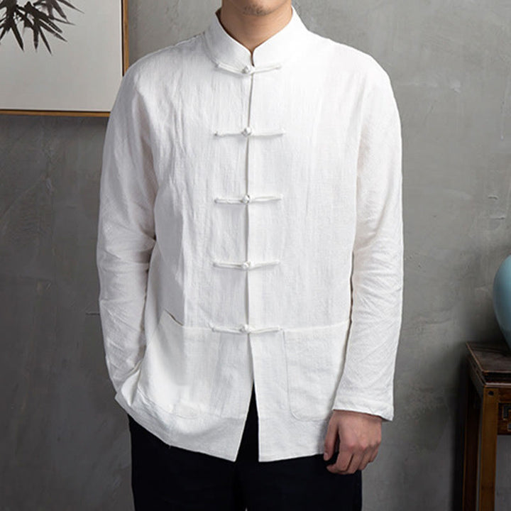 Buddha Stones Solid Color Casual Frog-button Men's Shirt Clothing - White - US/UK/AU44,EU54 (5XL) - image 3