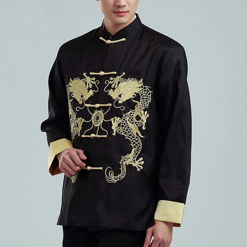 Buddha Stones Embroider Dragon Turned Sleeves Casual Frog-button Polyester Fiber Men's Jacket Shirt Pants Clothing - Black(Fleece) - US/UK/AU42,EU52 (3XL) - image 9
