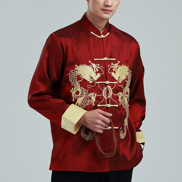 Buddha Stones Embroider Dragon Turned Sleeves Casual Frog-button Polyester Fiber Men's Jacket Shirt Pants Clothing - DarkRed(Fleece) - US/UK/AU42,EU52 (3XL) - image 0