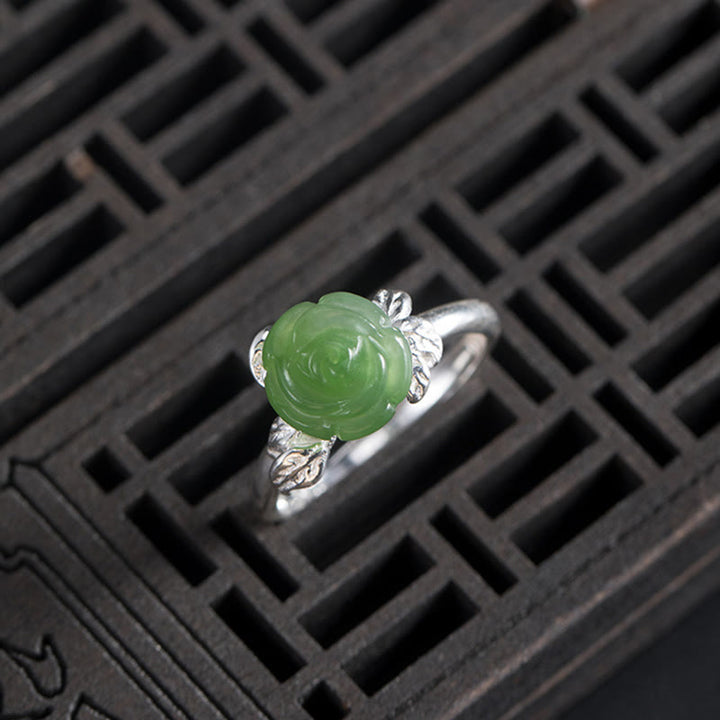 Buddha Stones 925 Sterling Silver Jade Green Rose Luck Adjustable Ring - image 8