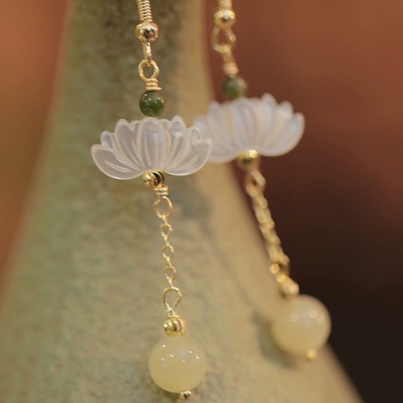 Buddha Stones Hetian Jade Lotus Prosperity Earrings - image 0