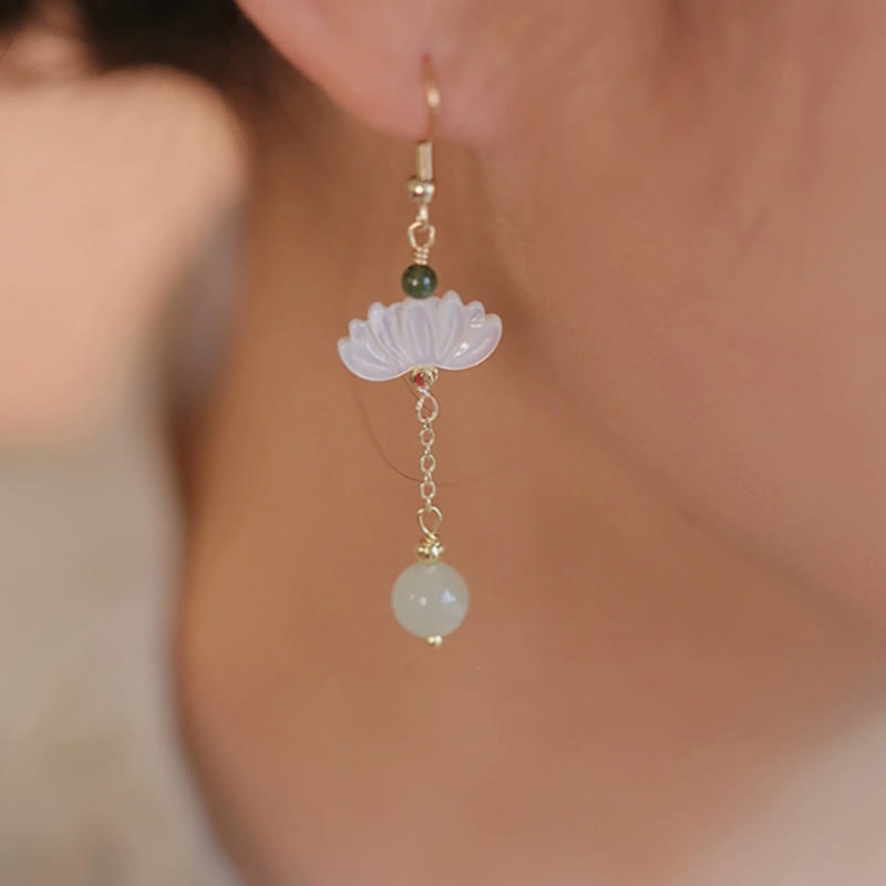 Buddha Stones Hetian Jade Lotus Prosperity Earrings - image 3
