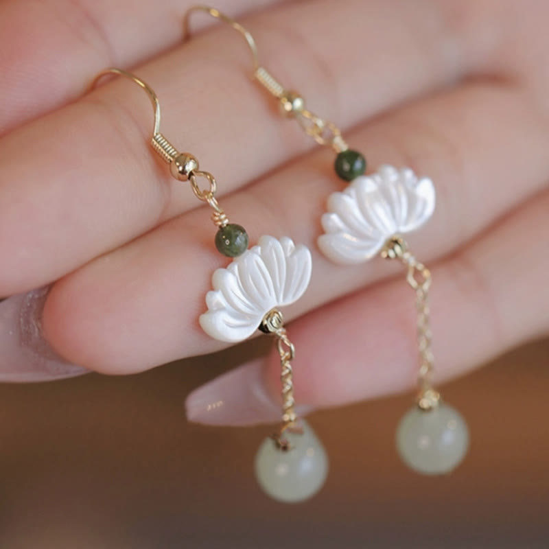 Buddha Stones Hetian Jade Lotus Prosperity Earrings - image 8