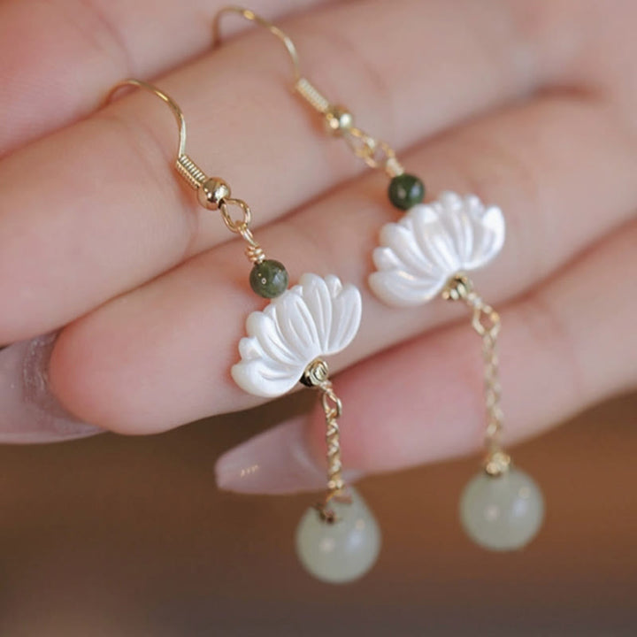Buddha Stones Hetian Jade Lotus Prosperity Earrings - image 8