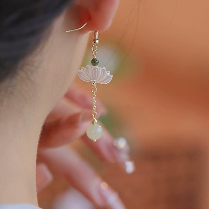 Buddha Stones Hetian Jade Lotus Prosperity Earrings - image 2
