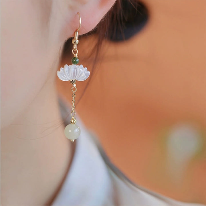 Buddha Stones Hetian Jade Lotus Prosperity Earrings - image 1