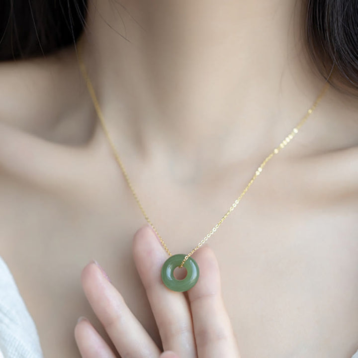 Buddha Stones 925 Sterling Silver Plated Gold Hetian Jade Peace Buckle Necklace Pendant - image 9