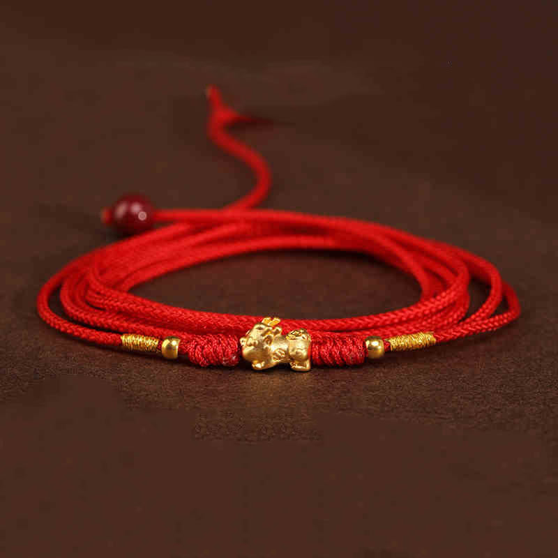 Buddha Stone 999 Solid Gold Red String Belly Chain - Pixiu Luck Beads Shape - image 19