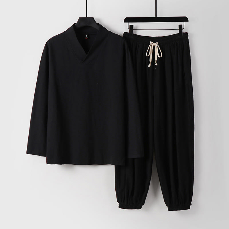 Buddha Stones Cross-Collars Cropped Bloomers Cotton Tang Suit Hanfu Top Pants Clothing Men's Set - Black - US/UK/AU54,EU64 (9XL) - image 9