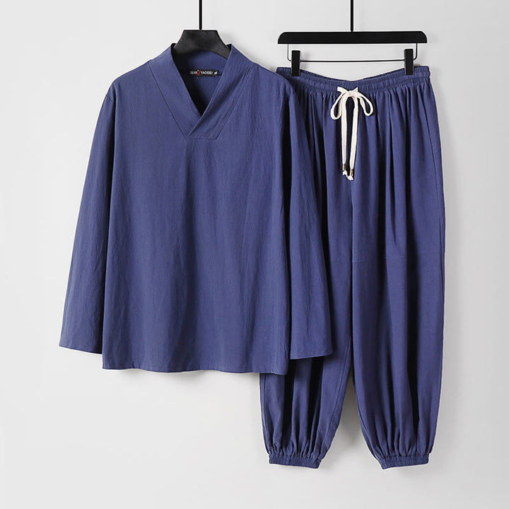 Buddha Stones Cross-Collars Cropped Bloomers Cotton Tang Suit Hanfu Top Pants Clothing Men's Set - DarkSlateBlue - US/UK/AU54,EU64 (9XL) - image 19