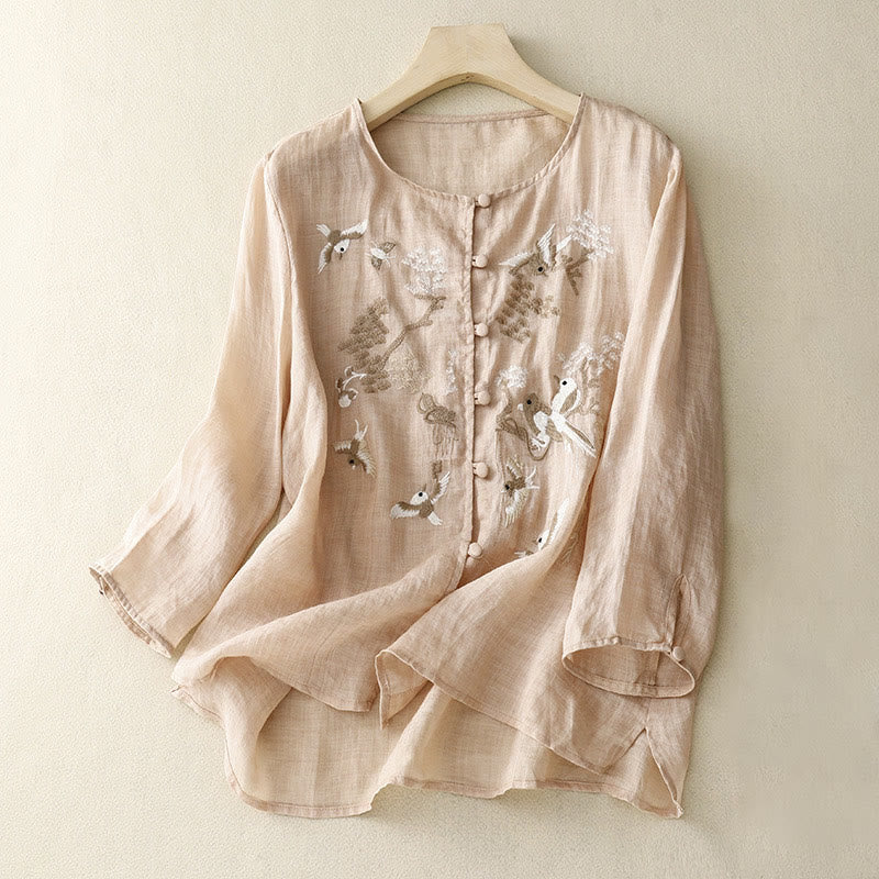 Buddha Stones Round Neck Casual Blouse Embroidery Long Sleeve Shirt Cotton Linen Top Women's Shirts - Moccasin - US/UK/AU40,EU50 (2XL) - image 0