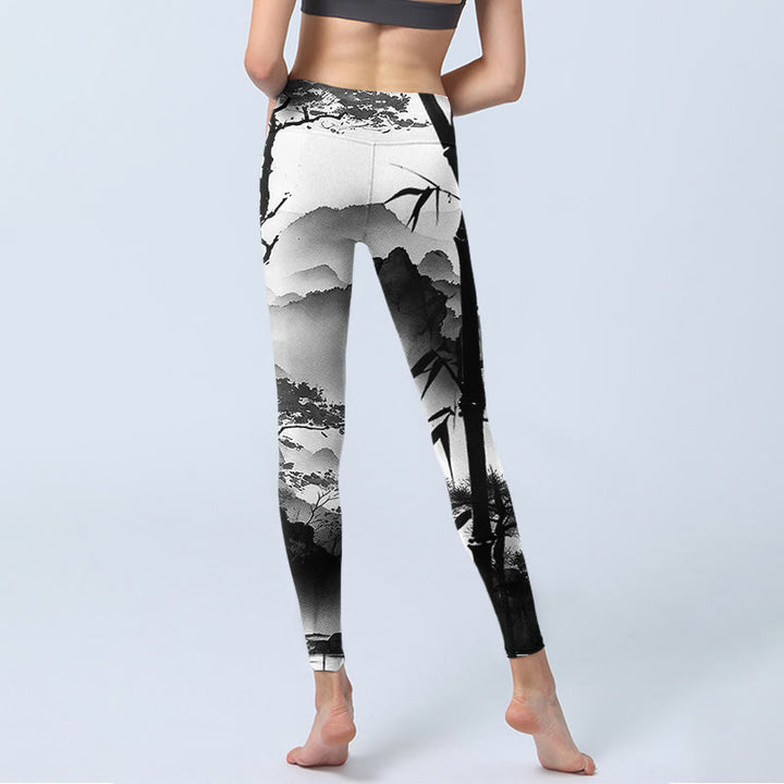Buddha Stones Ink Painting Bamboo Pine Mountain Scenery Print Gym Leggings Women's Yoga Pants - image 6
