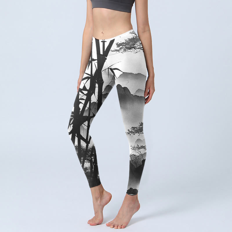 Buddha Stones Ink Painting Bamboo Pine Mountain Scenery Print Gym Leggings Women's Yoga Pants - DarkGray - US18,UK/AU22,EU50 (4XL) - image 0
