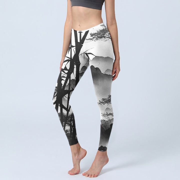 Buddha Stones Ink Painting Bamboo Pine Mountain Scenery Print Gym Leggings Women's Yoga Pants - DarkGray - US18,UK/AU22,EU50 (4XL) - image 0