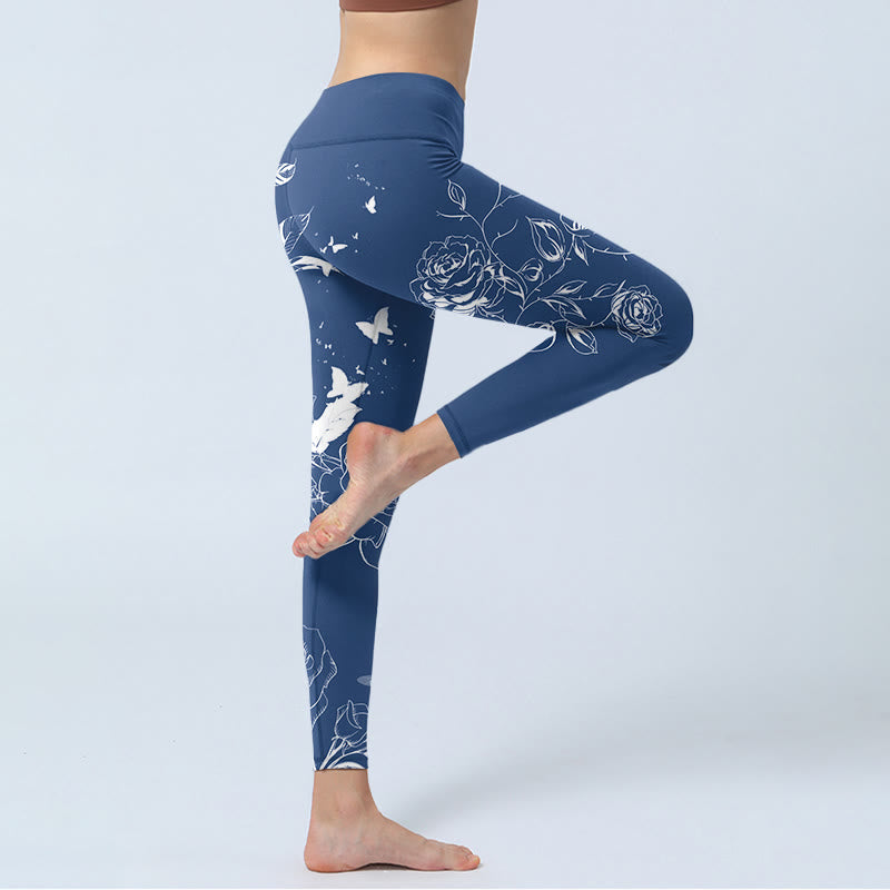Buddha Stones Blue Rose Butterfly Print Sports Leggings Women's Yoga Pants - image 4